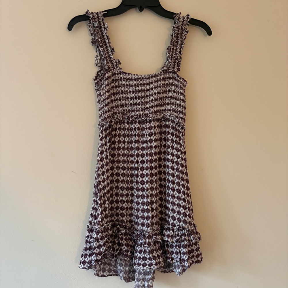 Skylar + Madison S Burgundy Smocked Ruffle Strap Mini Dress Boho Rayon - Picture 2 of 4
